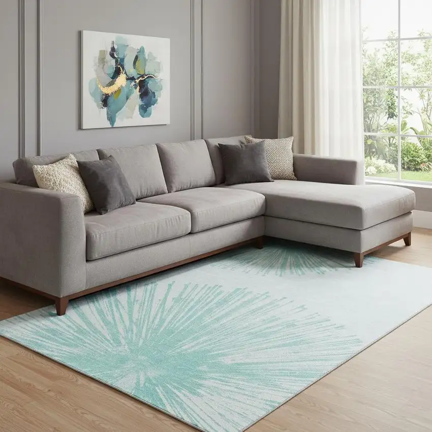 Teal And Ivory Abstract Washable Area Rug With UV Protection Photo 1