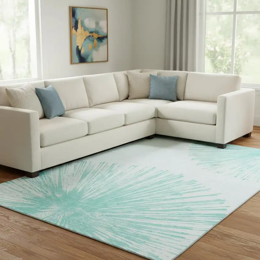 Teal And Ivory Abstract Washable Area Rug With UV Protection Photo 1