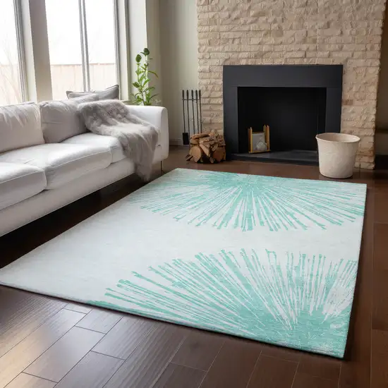 Teal And Ivory Abstract Washable Area Rug With UV Protection Photo 4