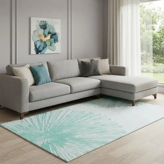 Teal And Ivory Abstract Washable Area Rug With UV Protection Photo 1
