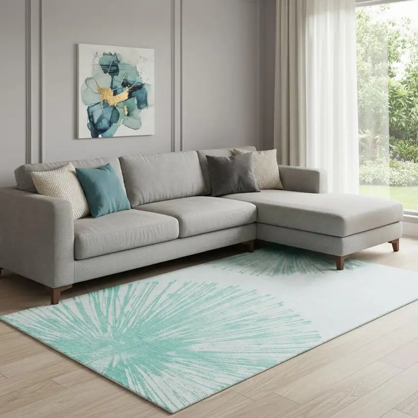Teal And Ivory Abstract Washable Area Rug With UV Protection Photo 1