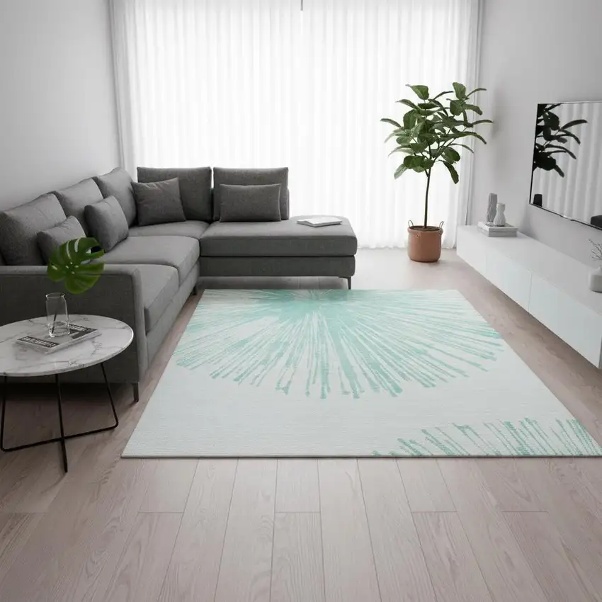 Teal And Ivory Abstract Washable Area Rug With UV Protection Photo 2