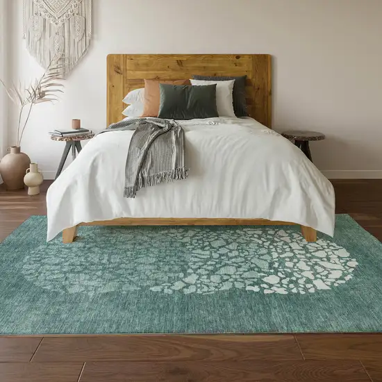 Teal And Ivory Abstract Washable Area Rug With UV Protection Photo 4