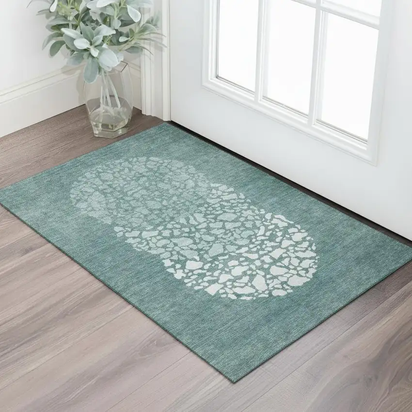 Teal And Ivory Abstract Washable Area Rug With UV Protection Photo 1
