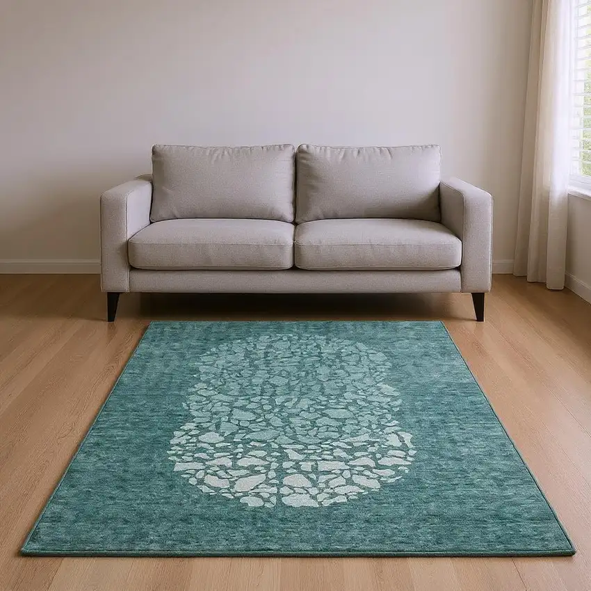 Teal And Ivory Abstract Washable Area Rug With UV Protection Photo 2
