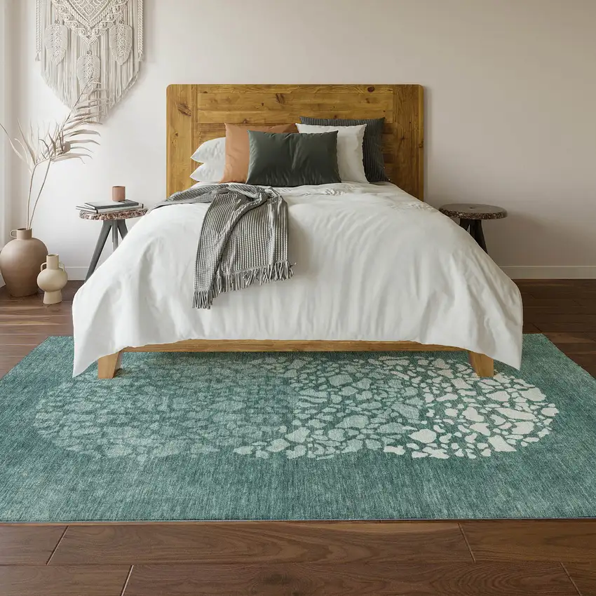 Teal And Ivory Abstract Washable Area Rug With UV Protection Photo 5