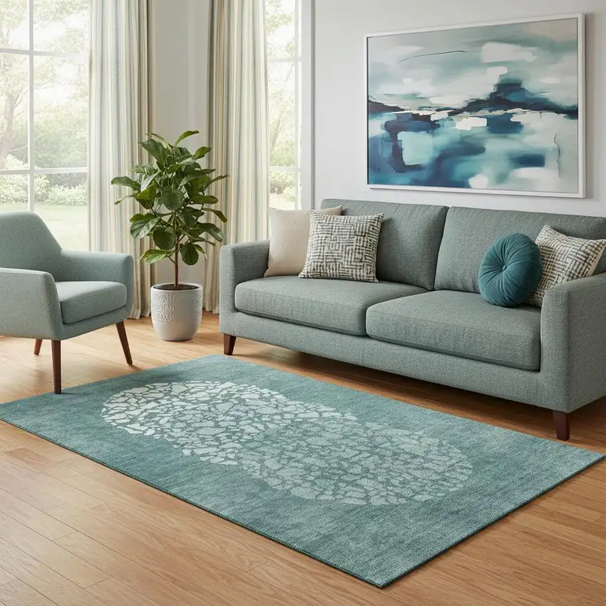 Teal And Ivory Abstract Washable Area Rug With UV Protection Photo 1