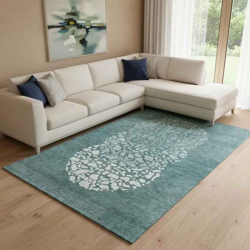 Teal And Ivory Abstract Washable Area Rug With UV Protection Photo 1