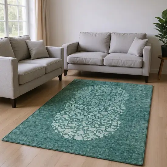 Teal And Ivory Abstract Washable Area Rug With UV Protection Photo 2