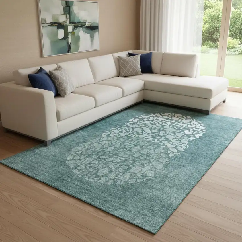 Teal And Ivory Abstract Washable Area Rug With UV Protection Photo 1