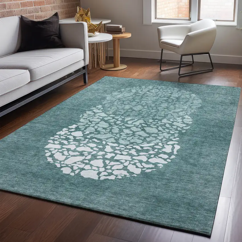 Teal And Ivory Abstract Washable Area Rug With UV Protection Photo 3
