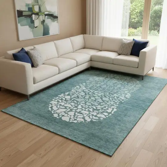 Teal And Ivory Abstract Washable Area Rug With UV Protection Photo 1