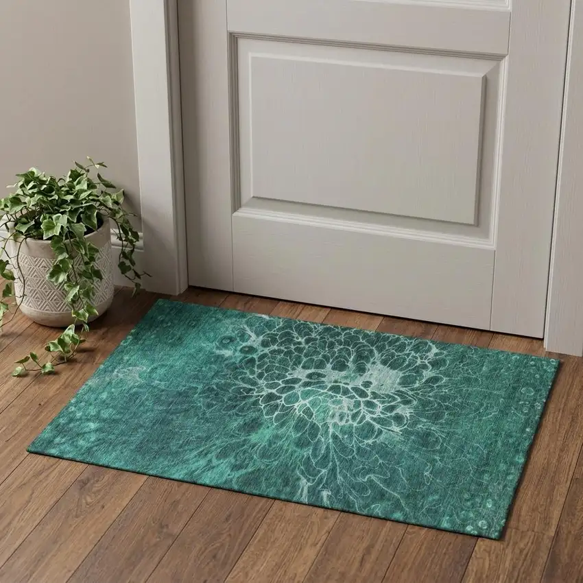 Teal And Ivory Abstract Washable Area Rug With UV Protection Photo 1