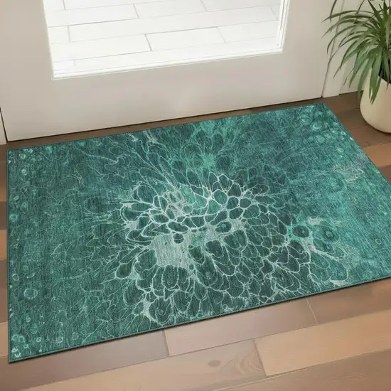 Teal And Ivory Abstract Washable Area Rug With UV Protection Photo 2