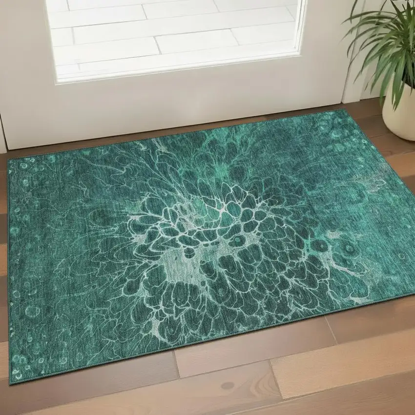 Teal And Ivory Abstract Washable Area Rug With UV Protection Photo 2