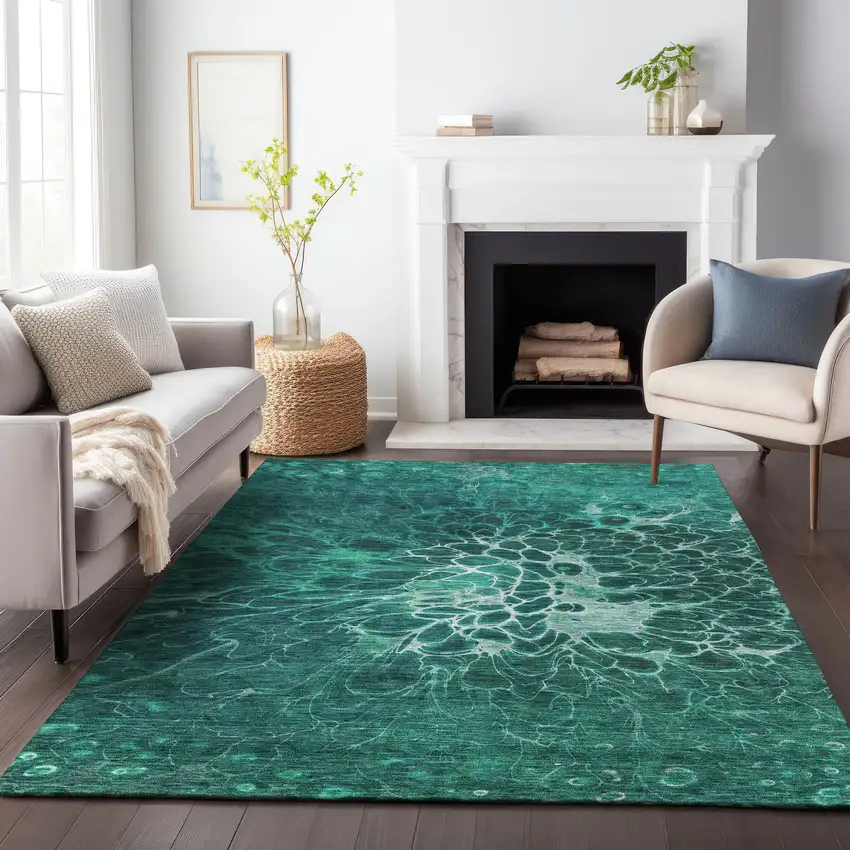 Teal And Ivory Abstract Washable Area Rug With UV Protection Photo 5