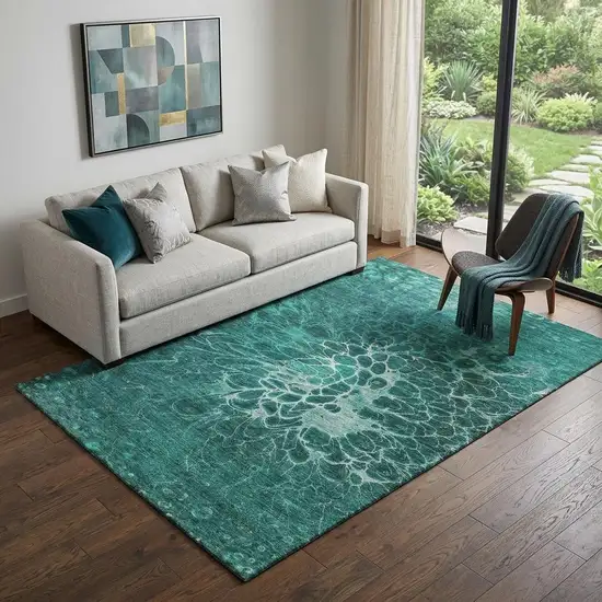 Teal And Ivory Abstract Washable Area Rug With UV Protection Photo 1
