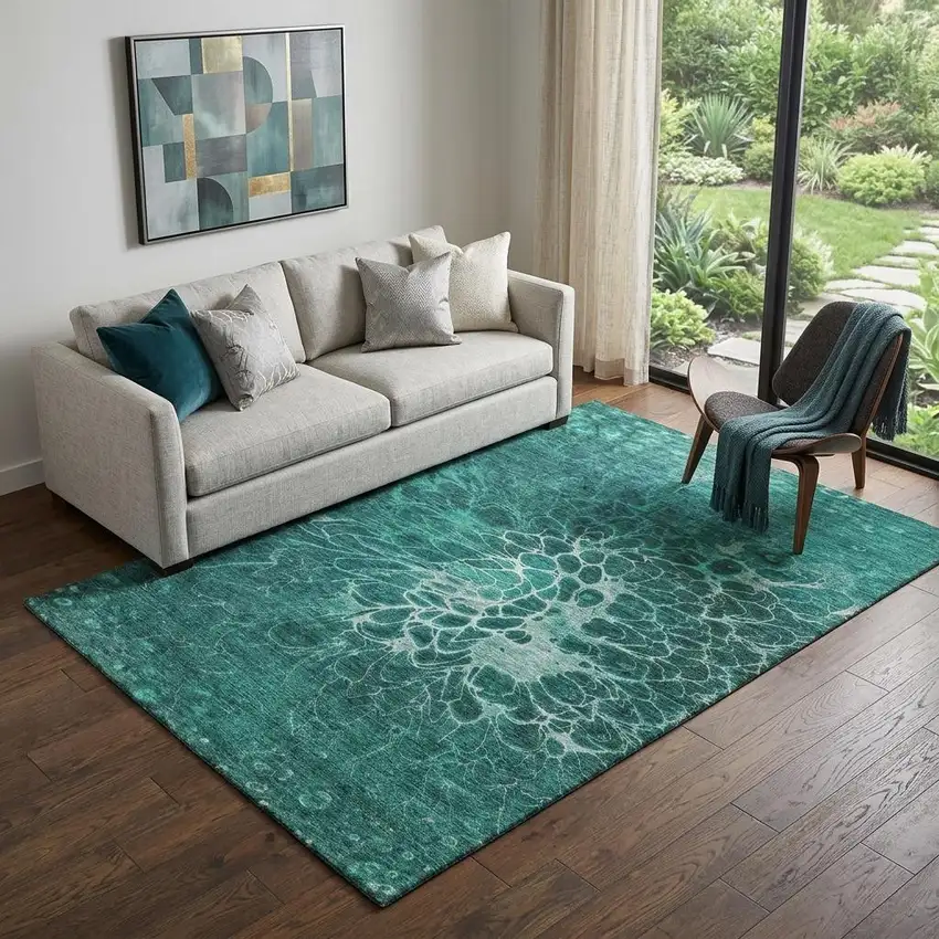 Teal And Ivory Abstract Washable Area Rug With UV Protection Photo 1