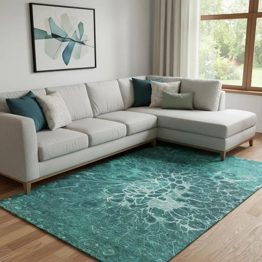 Teal And Ivory Abstract Washable Area Rug With UV Protection Photo 1