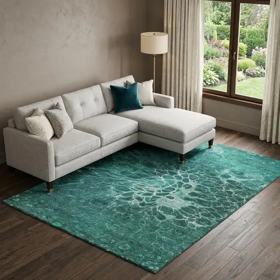 Teal And Ivory Abstract Washable Area Rug With UV Protection Photo 1