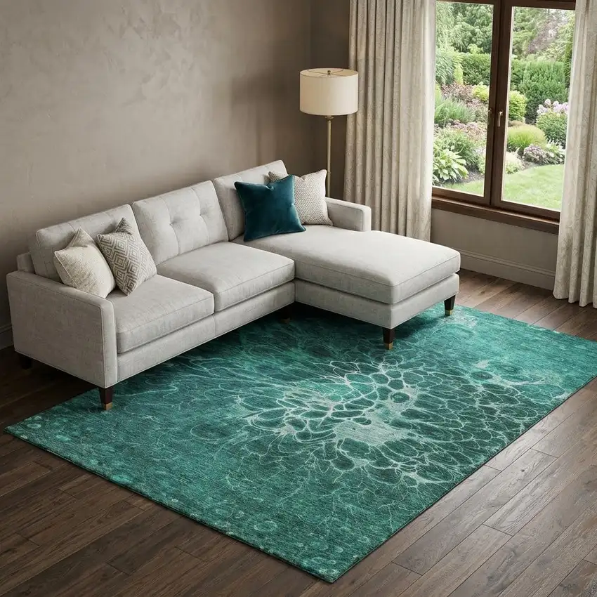 Teal And Ivory Abstract Washable Area Rug With UV Protection Photo 1