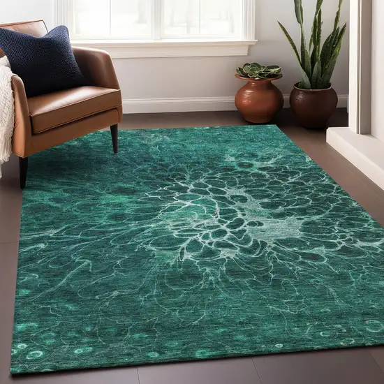 Teal And Ivory Abstract Washable Area Rug With UV Protection Photo 6