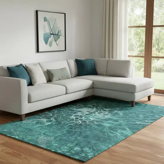 Teal And Ivory Abstract Washable Area Rug With UV Protection Photo 1
