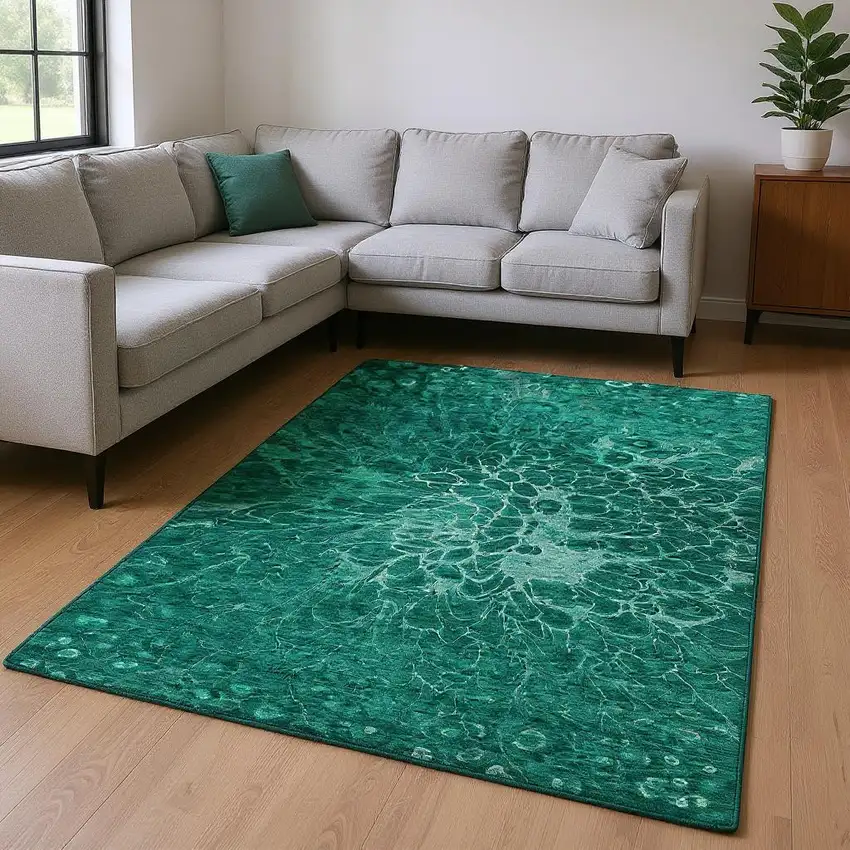 Teal And Ivory Abstract Washable Area Rug With UV Protection Photo 2