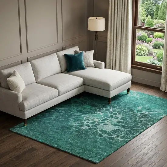 Teal And Ivory Abstract Washable Area Rug With UV Protection Photo 1