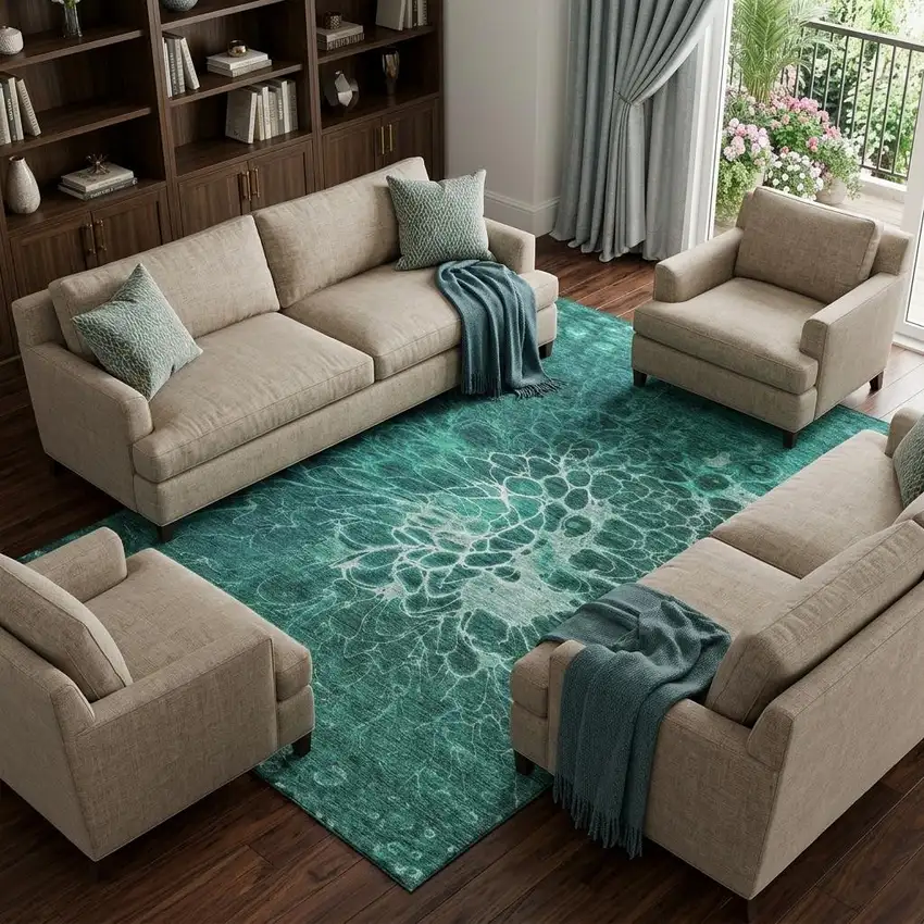 Teal And Ivory Abstract Washable Area Rug With UV Protection Photo 1
