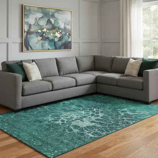 Teal And Ivory Abstract Washable Area Rug With UV Protection Photo 1