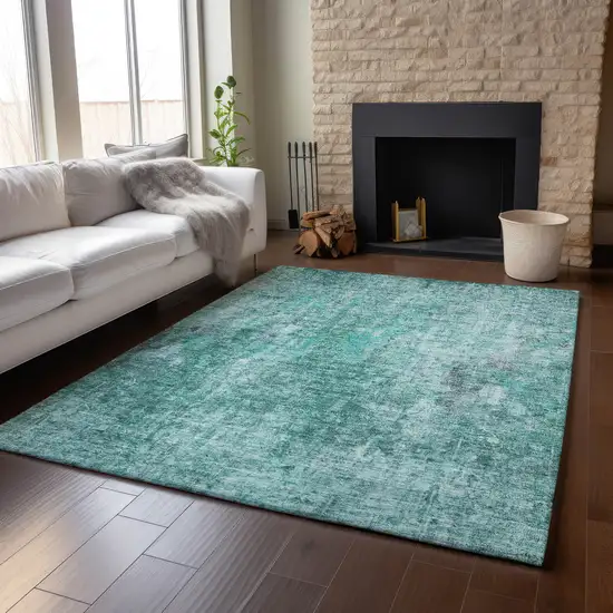 Teal And Ivory Abstract Washable Area Rug With UV Protection Photo 5