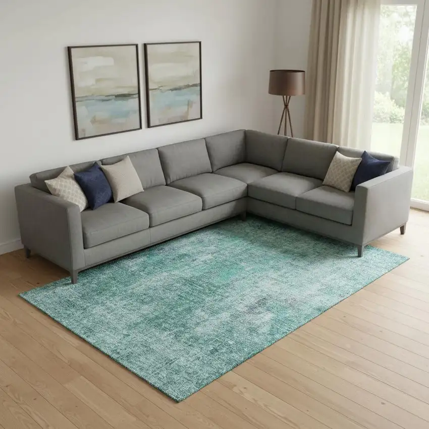 Teal And Ivory Abstract Washable Area Rug With UV Protection Photo 1