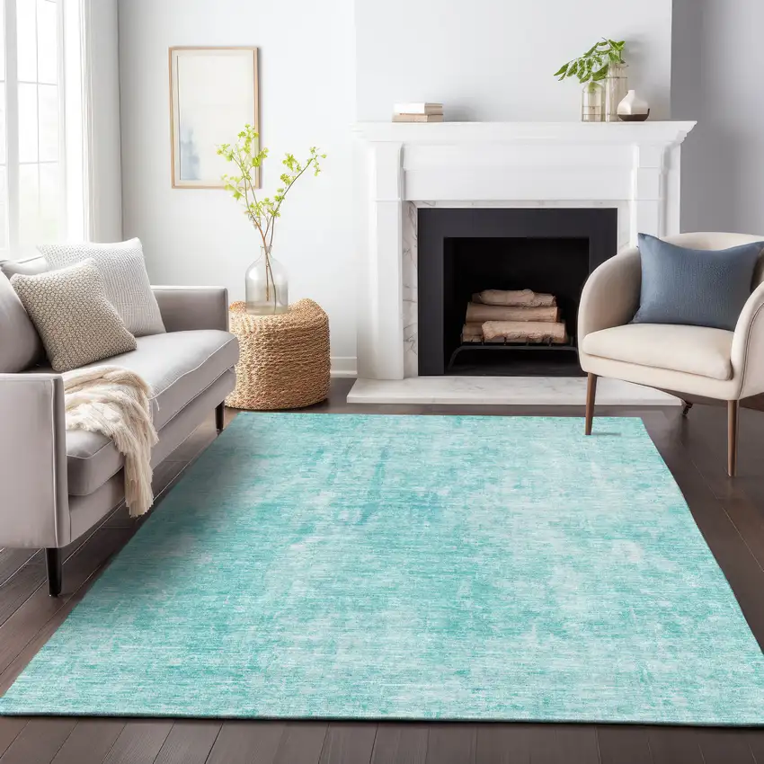 Teal And Ivory Abstract Washable Area Rug With UV Protection Photo 6