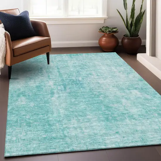 Teal And Ivory Abstract Washable Area Rug With UV Protection Photo 7