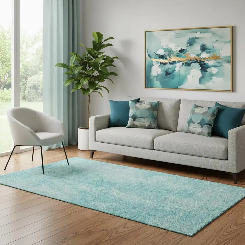 Teal And Ivory Abstract Washable Area Rug With UV Protection Photo 1