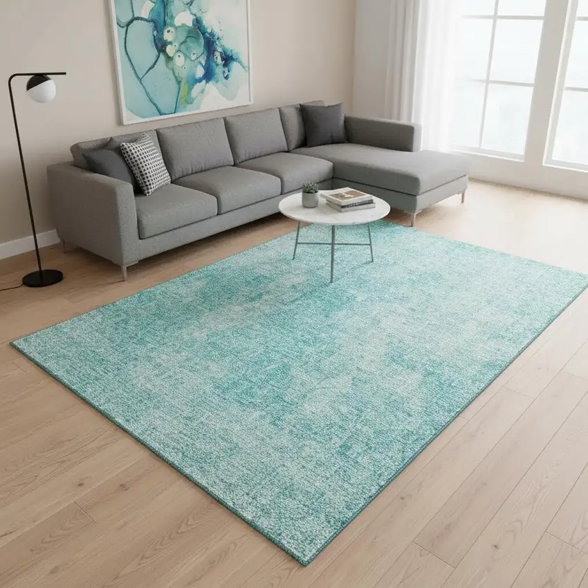 Teal And Ivory Abstract Washable Area Rug With UV Protection Photo 1