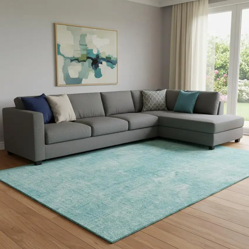 Teal And Ivory Abstract Washable Area Rug With UV Protection Photo 1