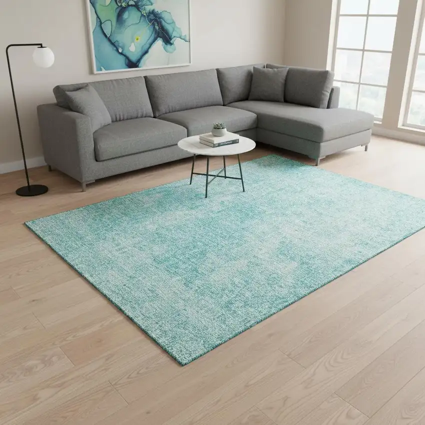 Teal And Ivory Abstract Washable Area Rug With UV Protection Photo 3