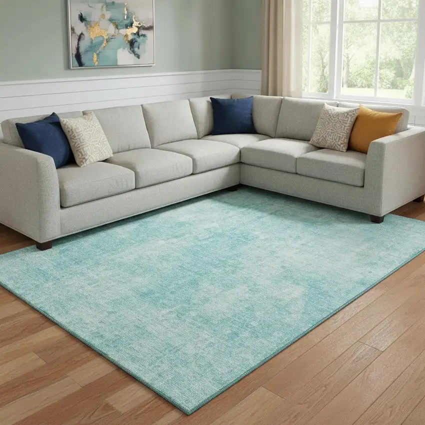 Teal And Ivory Abstract Washable Area Rug With UV Protection Photo 1