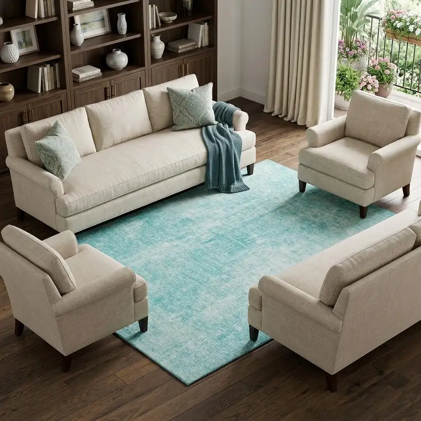 Teal And Ivory Abstract Washable Area Rug With UV Protection Photo 1