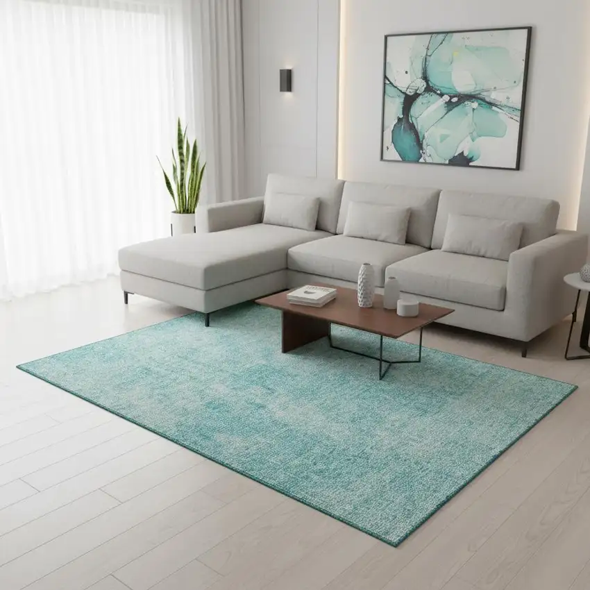 Teal And Ivory Abstract Washable Area Rug With UV Protection Photo 1