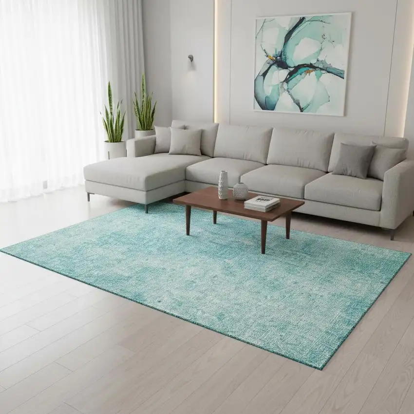 Teal And Ivory Abstract Washable Area Rug With UV Protection Photo 3
