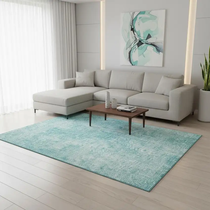 Teal And Ivory Abstract Washable Area Rug With UV Protection Photo 5