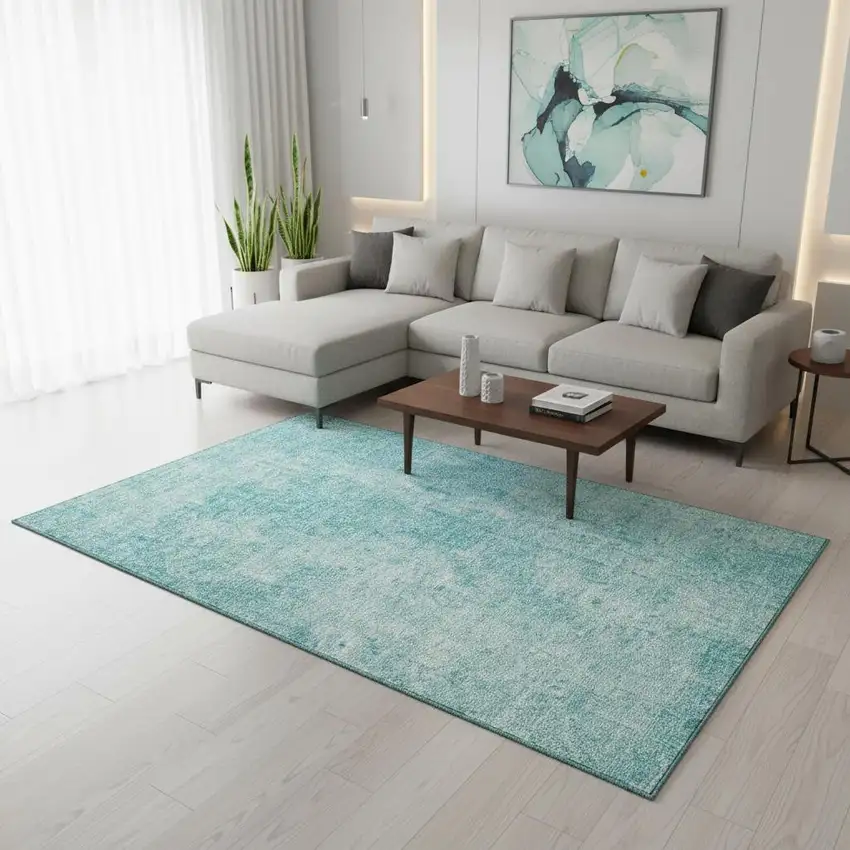 Teal And Ivory Abstract Washable Area Rug With UV Protection Photo 3