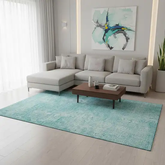 Teal And Ivory Abstract Washable Area Rug With UV Protection Photo 2