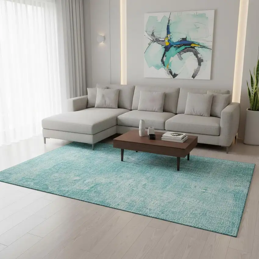 Teal And Ivory Abstract Washable Area Rug With UV Protection Photo 2