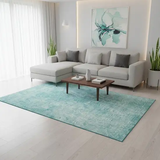 Teal And Ivory Abstract Washable Area Rug With UV Protection Photo 4