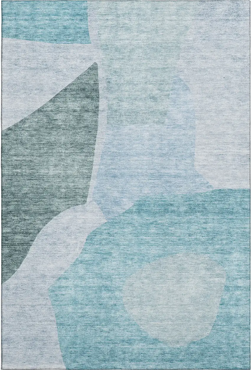 Teal And Ivory Abstract Washable Area Rug With UV Protection Photo 1