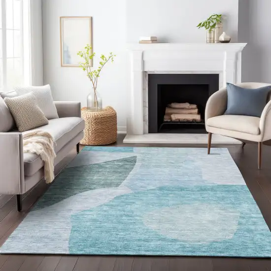 Teal And Ivory Abstract Washable Area Rug With UV Protection Photo 5